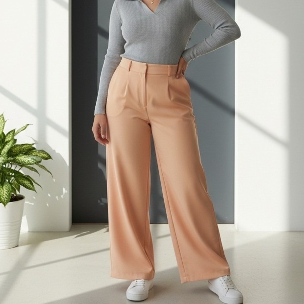 Eloquii 18 Peach Wide Leg‎ Pleated Trousers with D-Ring Belt Plus Size 1X